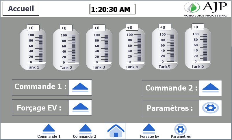 Interface HMI d’accueil conçue pour le projet Agro Juice Processing