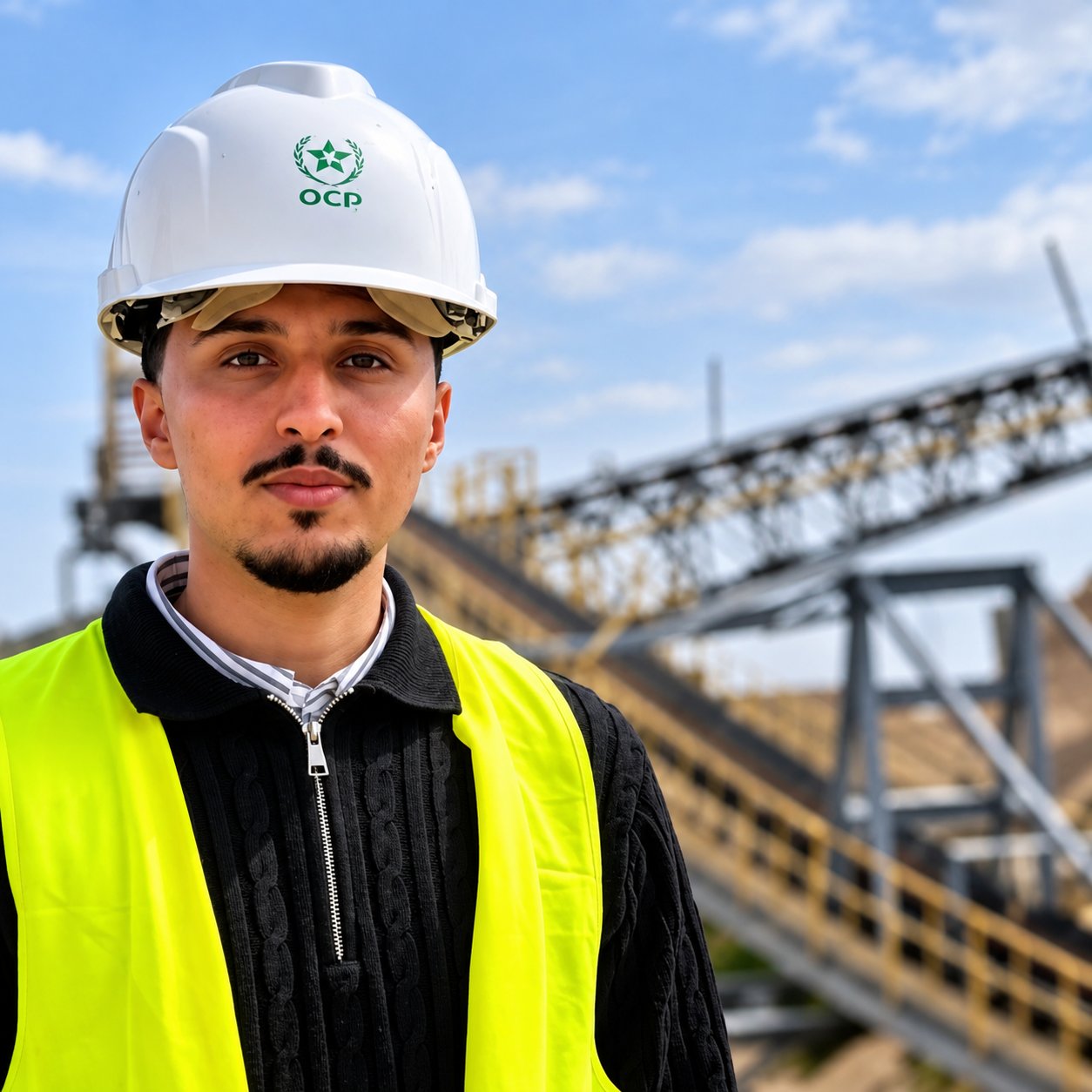 Adnane Chayadmi sur un site industriel, portant un casque OCP et un gilet de sécurité